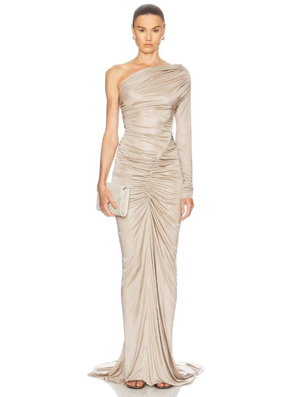 Atlein One Sleeve Ruched Gown in Poussiere